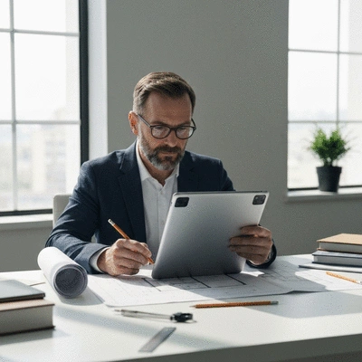 Architect reviewing blueprints on a desk, clean image
