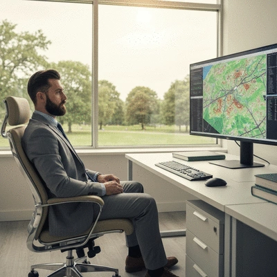 Person analyzing LiDAR data on a computer screen, showing a detailed map