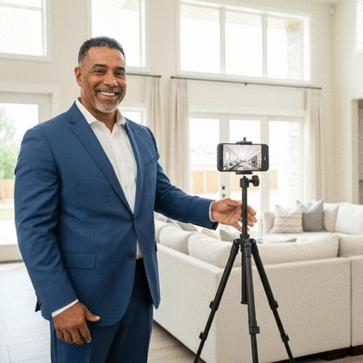 Real estate agent recording a video tour of a modern home with a smartphone on a tripod