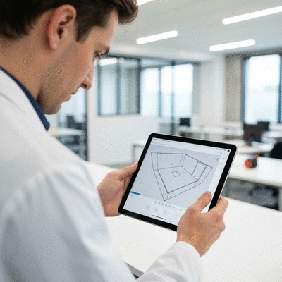 Professional using a tablet to analyze a 3D scan of a room