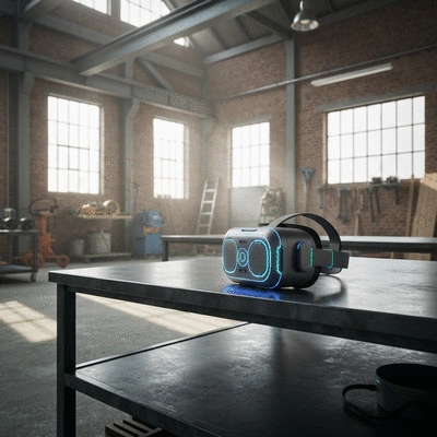 Futuristic virtual reality headset in an industrial setting