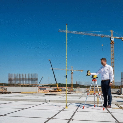 Architect using laser measuring tool on a construction site, clean image