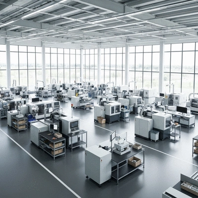 Modern manufacturing facility layout with machines arranged for optimal workflow