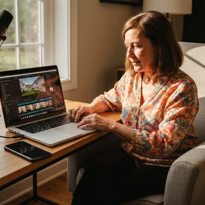 Person editing real estate video on a laptop, with a smartphone and microphone on the desk, showcasing video production