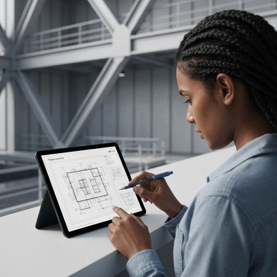 Person planning an industrial virtual tour on a tablet with blueprints